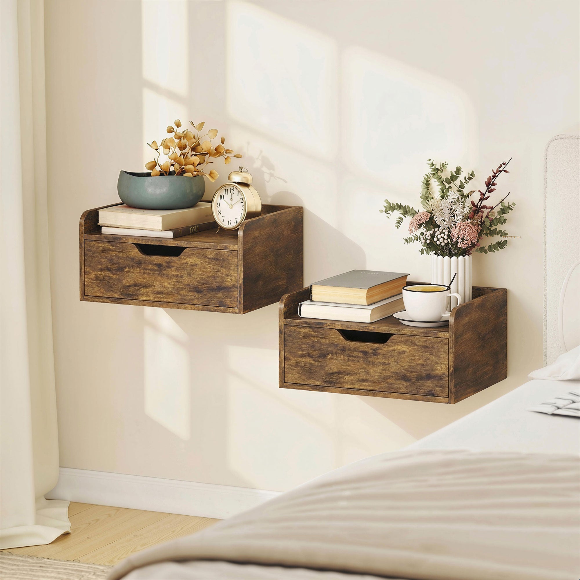 Rustic brown homcom floating nightstands set of 2 made of firm particle board with single drawer for bedroom wall mounting
