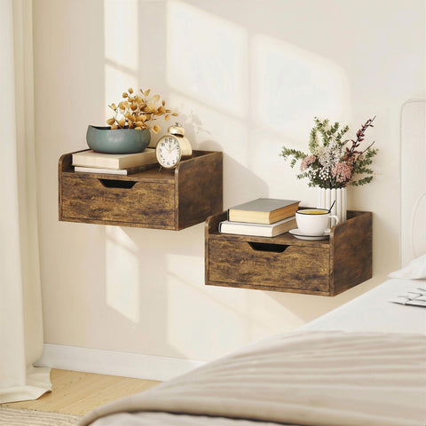 Rustic brown homcom floating nightstands set of 2 made of firm particle board with single drawer for bedroom wall mounting