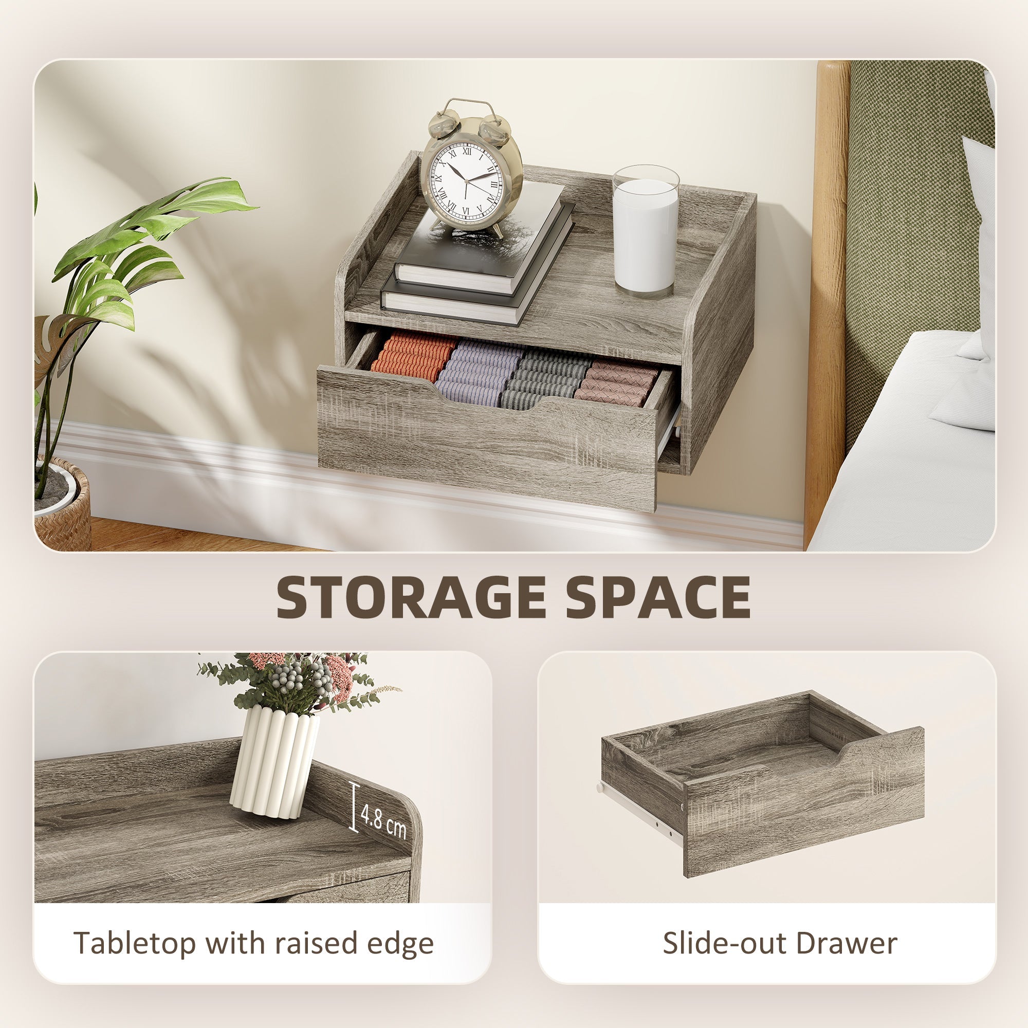 Gray wood effect wall mounted nightstand with slide out drawer and raised edge tabletop made from particle board
