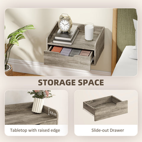 Gray wood effect wall mounted nightstand with slide out drawer and raised edge tabletop made from particle board