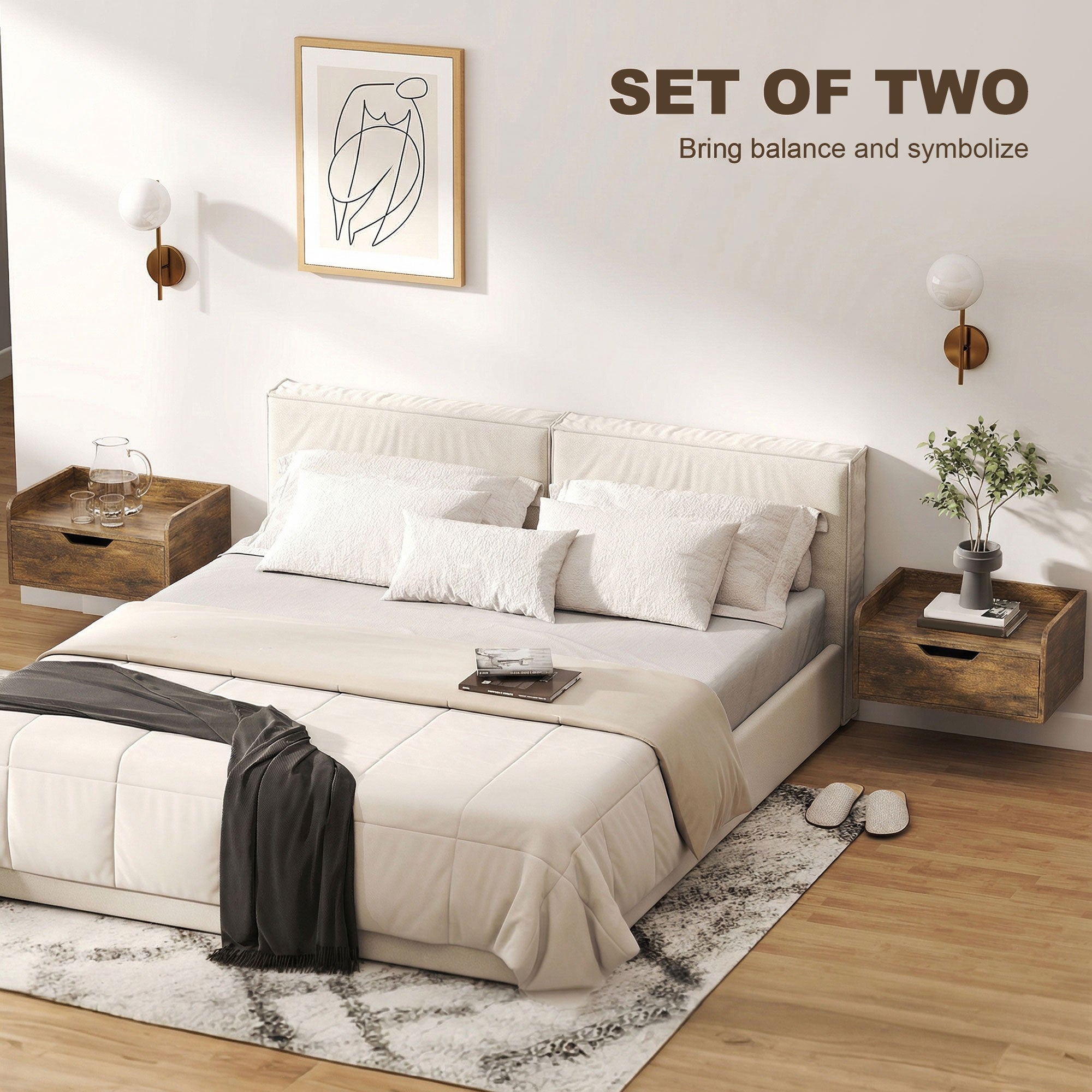 Cream-colored upholstered bed with tufted headboard and matching quilted bedding next to rustic brown firm particle board floating nightstands