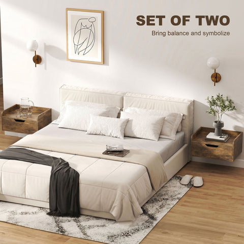 Cream-colored upholstered bed with tufted headboard and matching quilted bedding next to rustic brown firm particle board floating nightstands