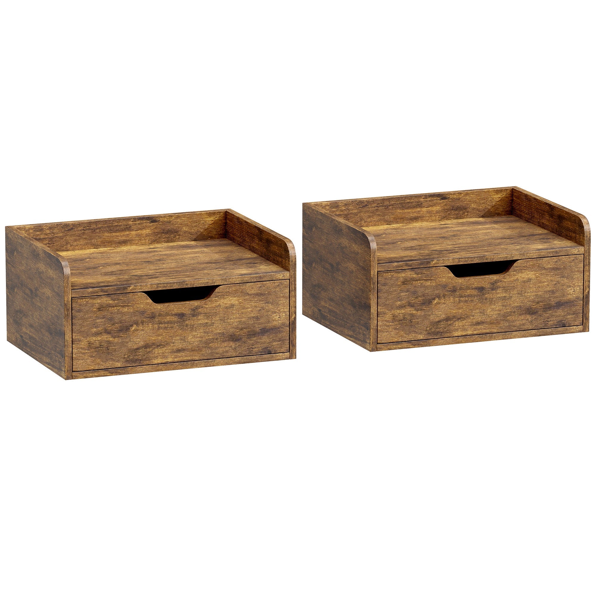 Homcom floating nightstands set of 2 rustic brown wall mounted bedside tables with firm particle board drawers and black handles