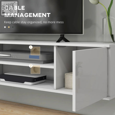 White glossy homcom floating tv stand with open shelves storage space and cable management for living room setup