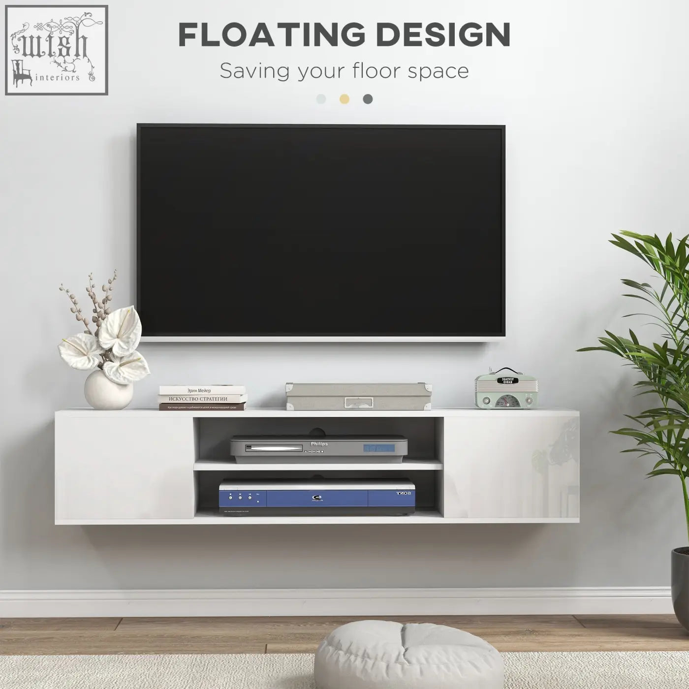 White glossy floating tv console with open shelves and storage space for living room wall mounted setup