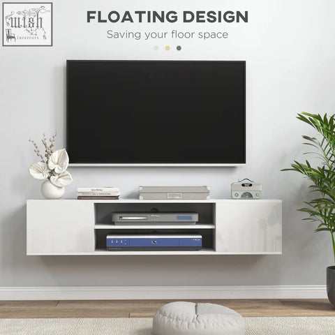 White glossy floating tv console with open shelves and storage space for living room wall mounted setup