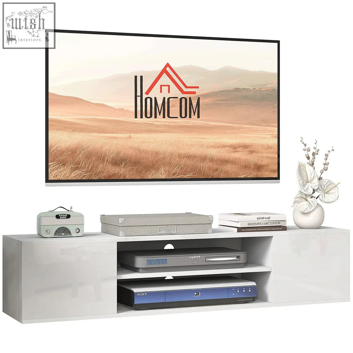 White glossy homcom floating tv stand with open shelves and storage space for living room wall mounted unit