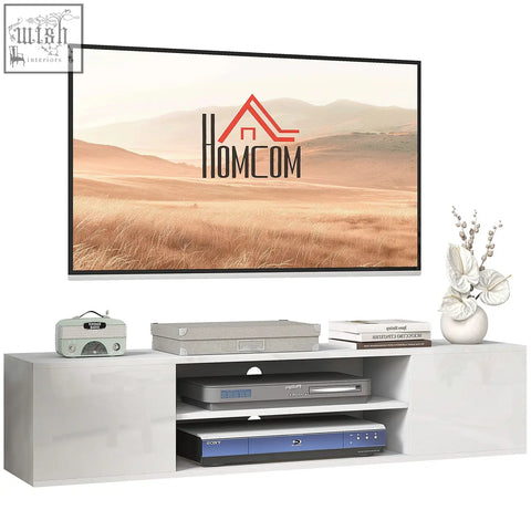 White glossy homcom floating tv stand with open shelves and storage space for living room wall mounted unit