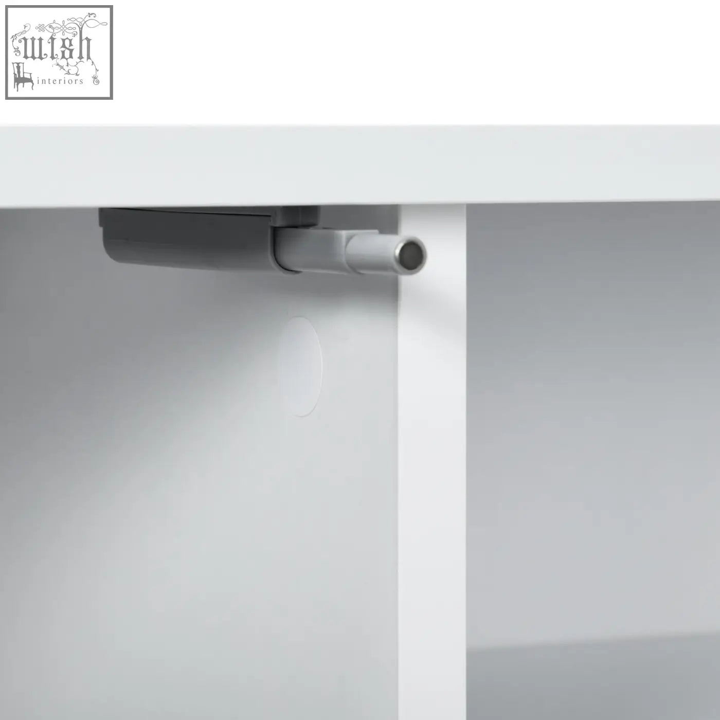 Gray metal cabinet hinge with cylindrical rod on the back of homcom white floating tv stand with open shelves and storage space