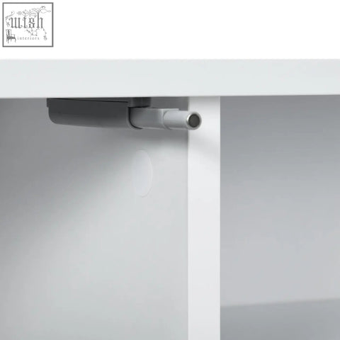 Gray metal cabinet hinge with cylindrical rod on the back of homcom white floating tv stand with open shelves and storage space