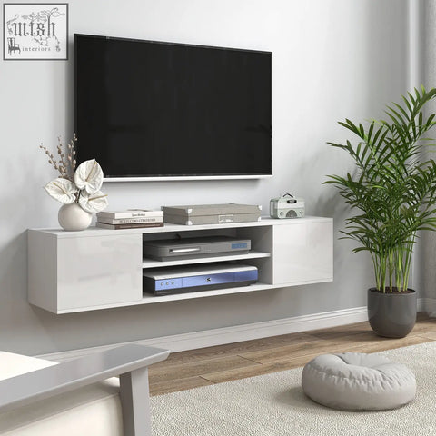 White glossy homcom floating tv console with open shelves and storage space for living room wall mounting