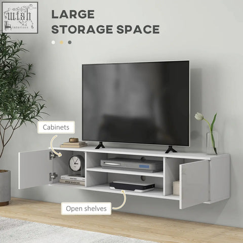 Modern white homcom floating tv stand with sleek storage cupboards and open shelves ideal for living room space