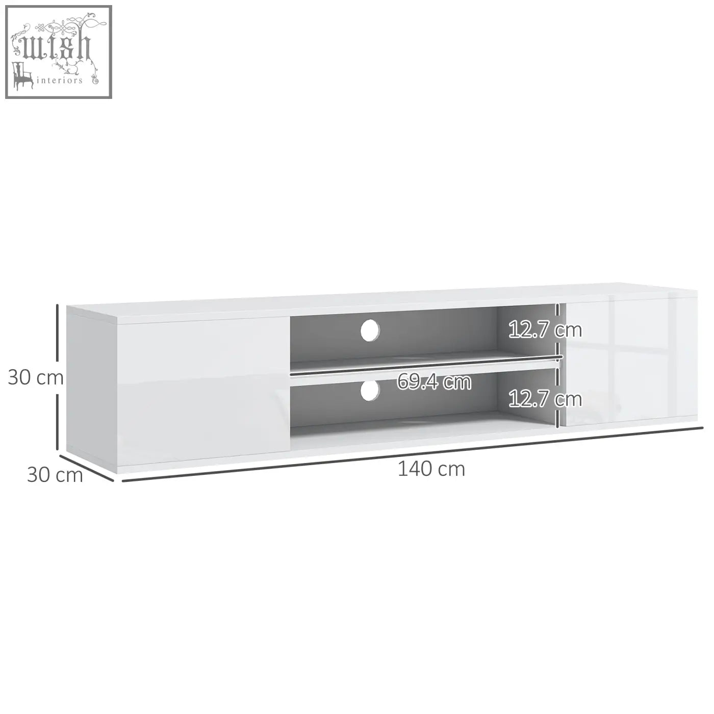 White glossy finish homcom floating tv stand with open shelves and storage space for living room wall mounting