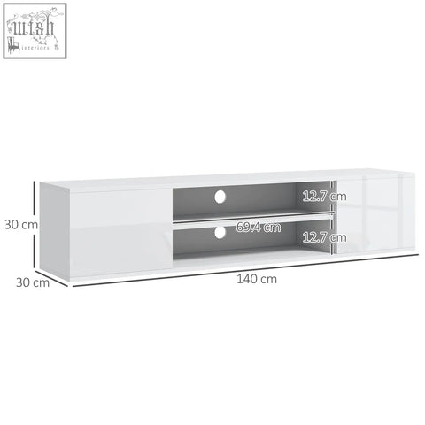 White glossy finish homcom floating tv stand with open shelves and storage space for living room wall mounting
