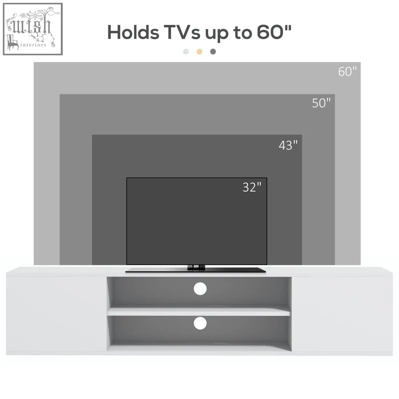 White minimalist floating tv stand with open shelves and circular cutouts offers storage space for living room TVs up to 60 inches