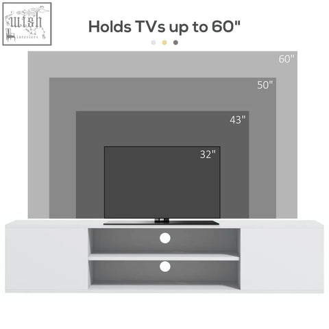 White minimalist floating tv stand with open shelves and circular cutouts offers storage space for living room TVs up to 60 inches