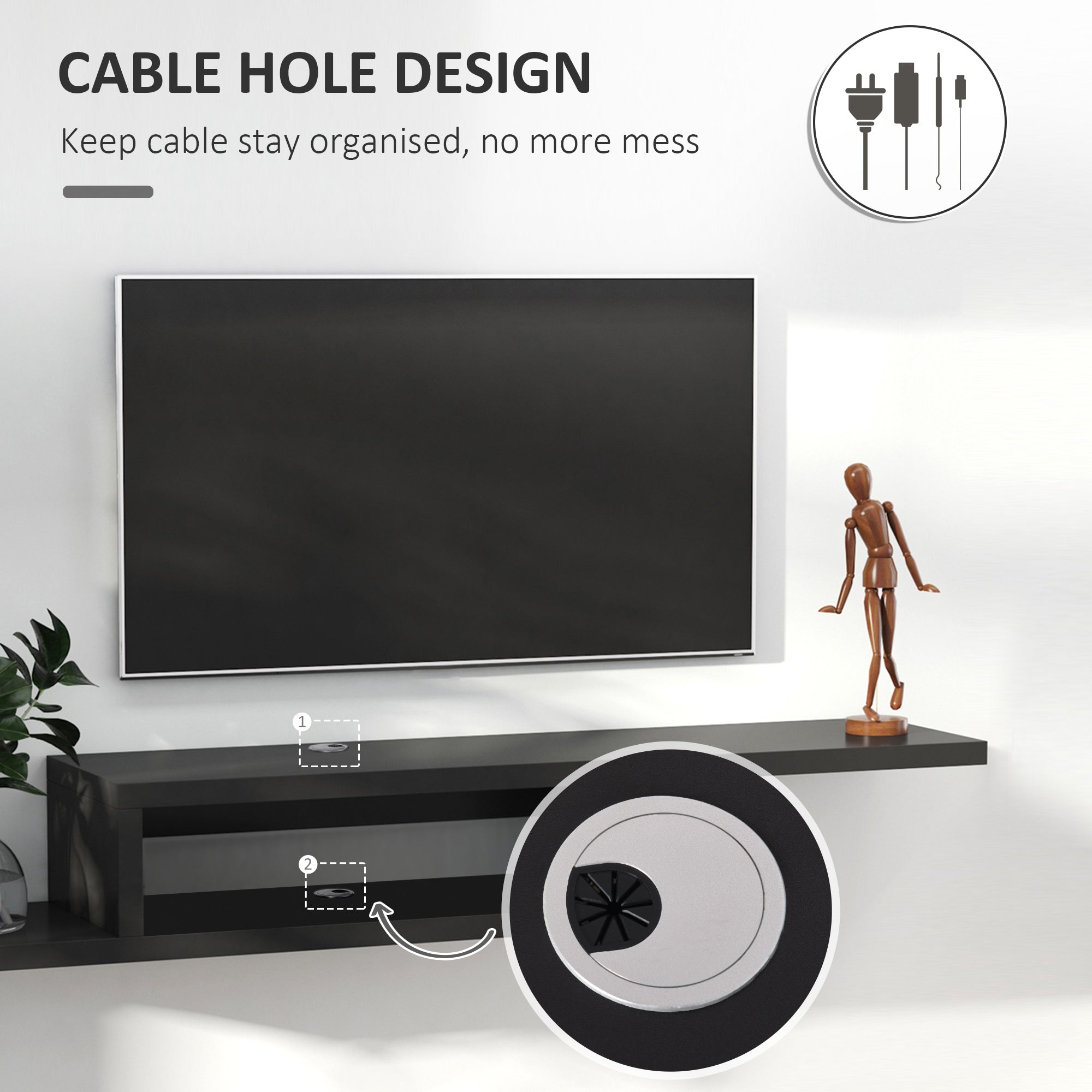 Black particle board floating tv stand with two-tier design and cable management holes for living room use