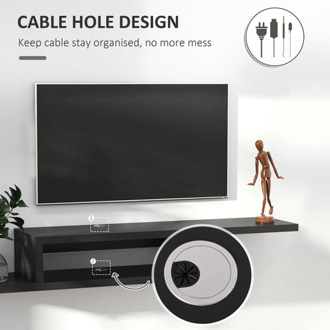 Black particle board floating tv stand with two-tier design and cable management holes for living room use