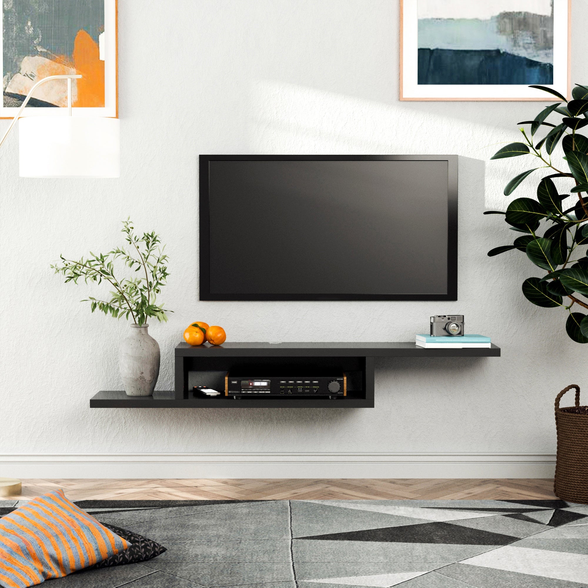 Black particle board homcom floating tv unit with open shelf and cable holes for living room entertainment setup