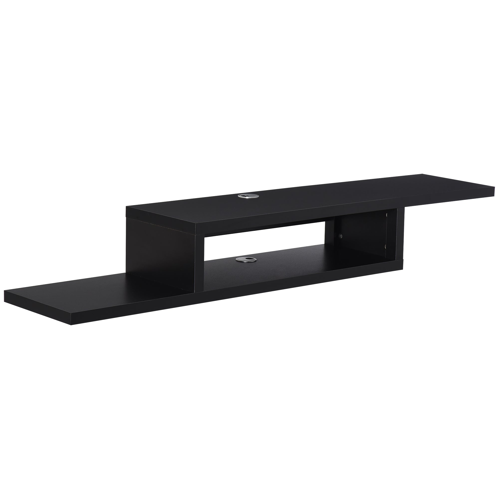 Black homcom floating tv unit with particle board two-tier design and cable holes for living room entertainment use