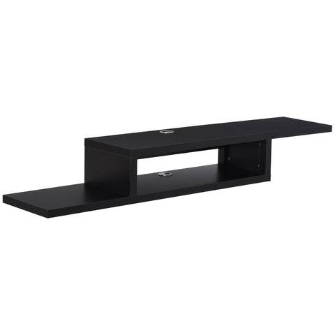 Black homcom floating tv unit with particle board two-tier design and cable holes for living room entertainment use