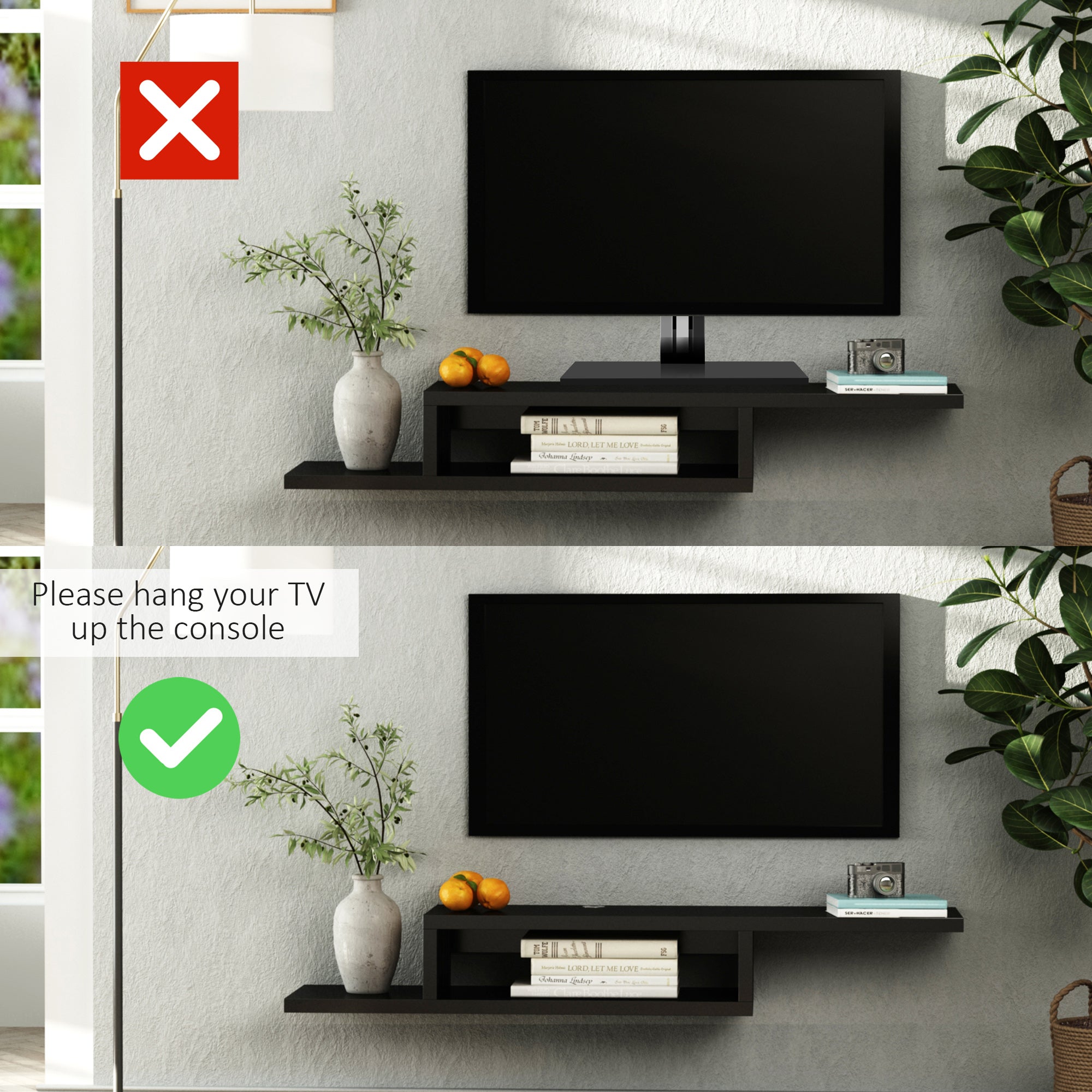 Black homcom floating tv unit made of particle board with cable holes and open shelves for living room storage