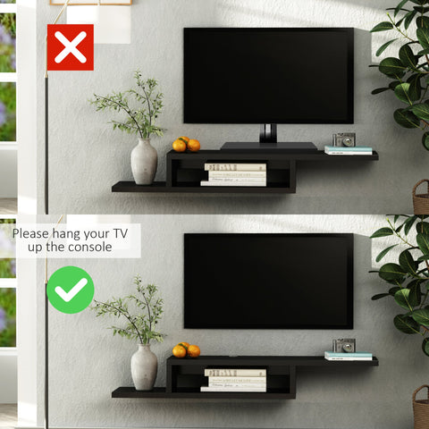 Black homcom floating tv unit made of particle board with cable holes and open shelves for living room storage