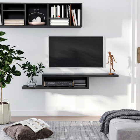 Black particle board floating tv wall mount with integrated shelf and 2 cable holes for living room use