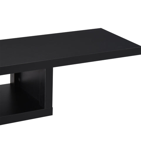 Black particle board coffee table with open shelf and cable holes ideal for living room floating tv unit
