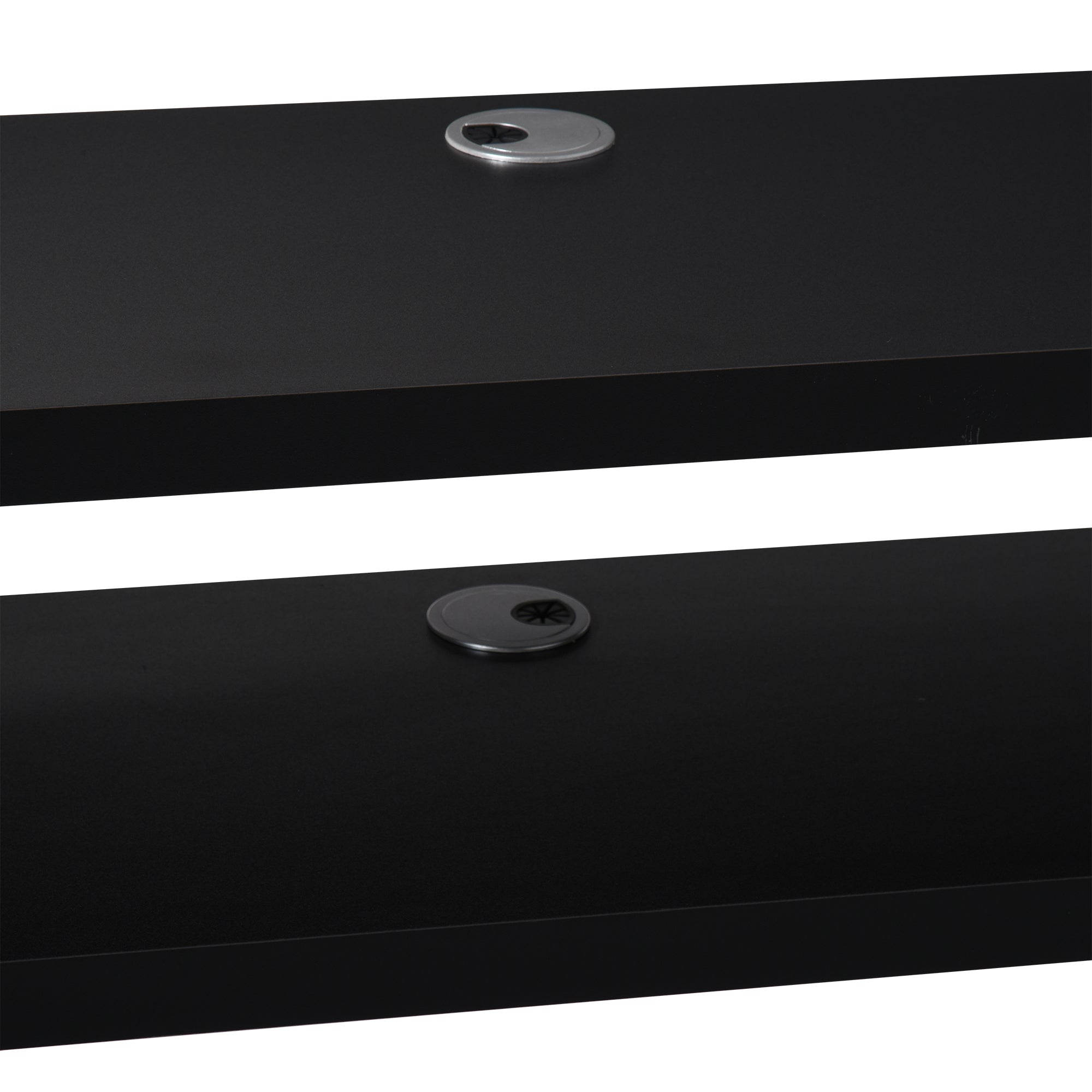 Black glossy particle board floating tv unit with two-tier design and silver black cable holes for living room use