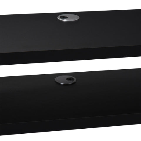 Black glossy particle board floating tv unit with two-tier design and silver black cable holes for living room use