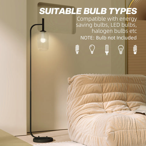 Black metal floor lamp with curved minimalist design and glass bulb housing featuring foot switch by homcom