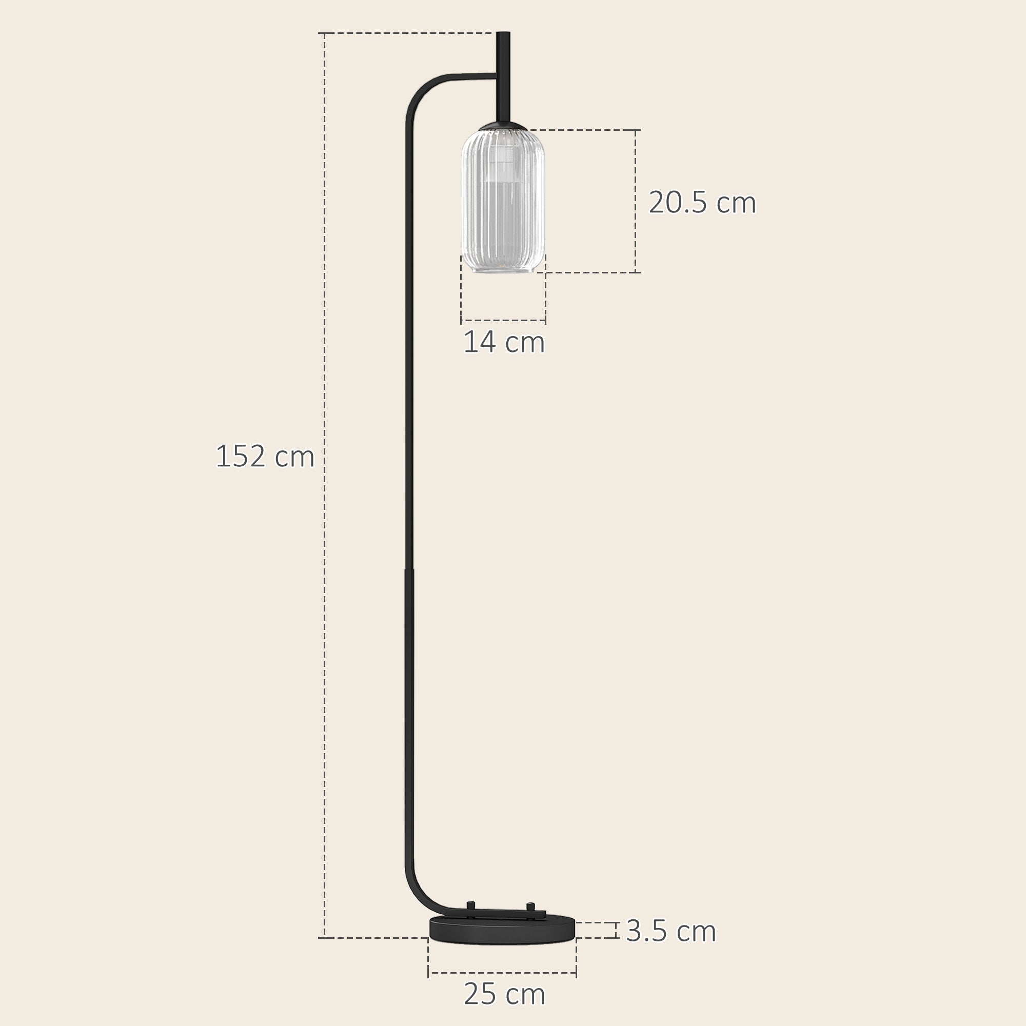 Black homcom floor lamp with curved metal stem, clear ribbed glass shade, and foot switch for living room or bedroom use