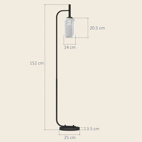 Black homcom floor lamp with curved metal stem, clear ribbed glass shade, and foot switch for living room or bedroom use
