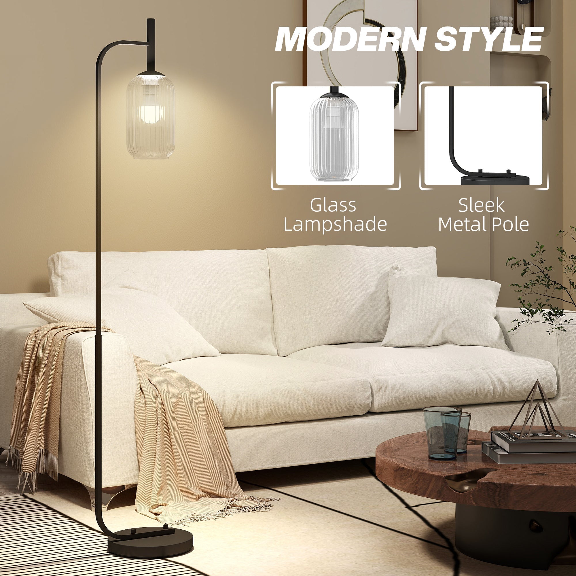 Modern homcom floor lamp with sleek black metal pole and clear glass lampshade featuring a convenient foot switch