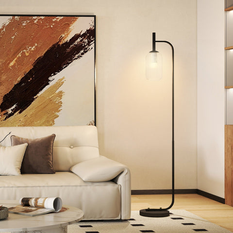 Black metal homcom floor lamp with curved design clear glass shade and foot switch for living room use