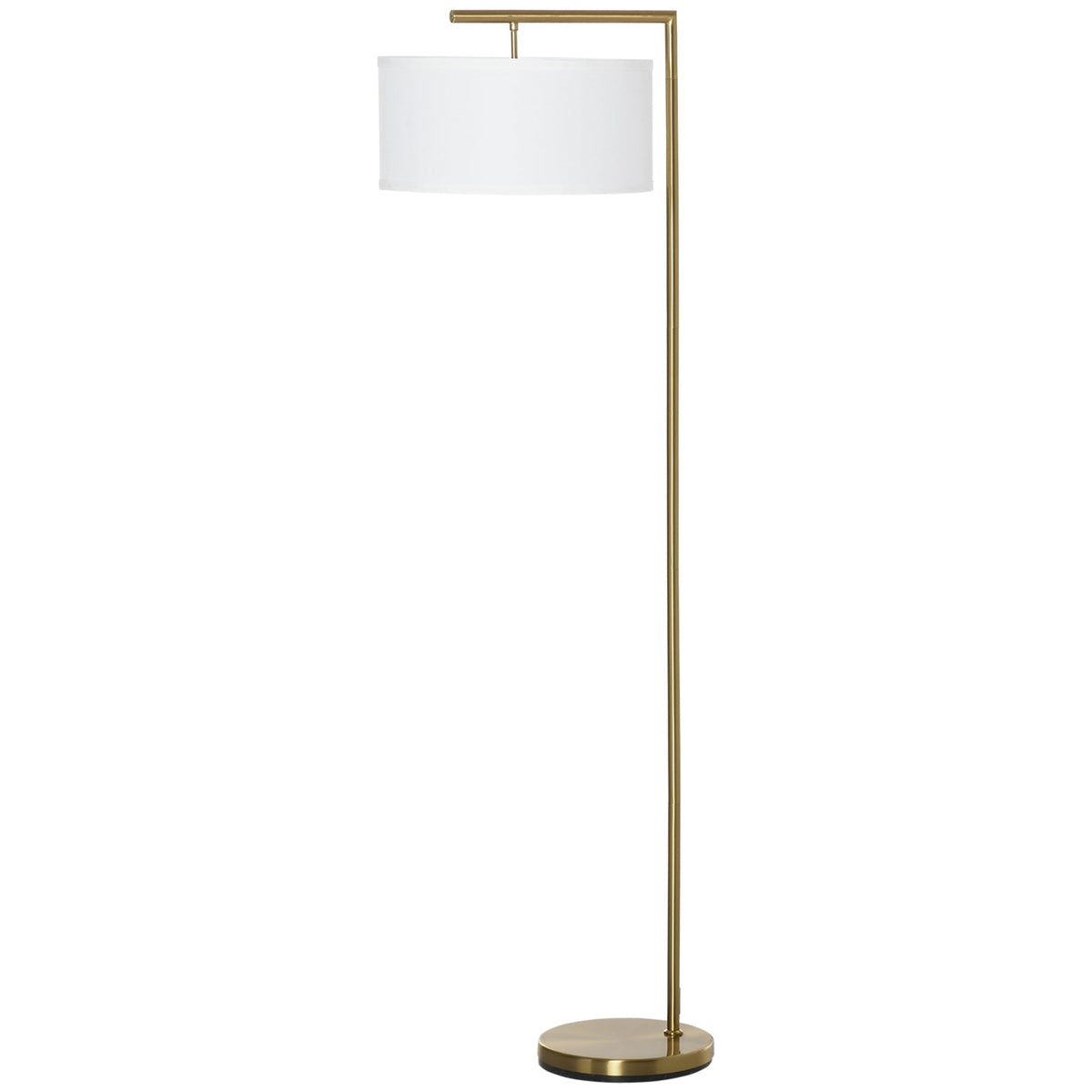 Modern brass finished floor lamp with white linen lampshade and round base perfect for living room lighting