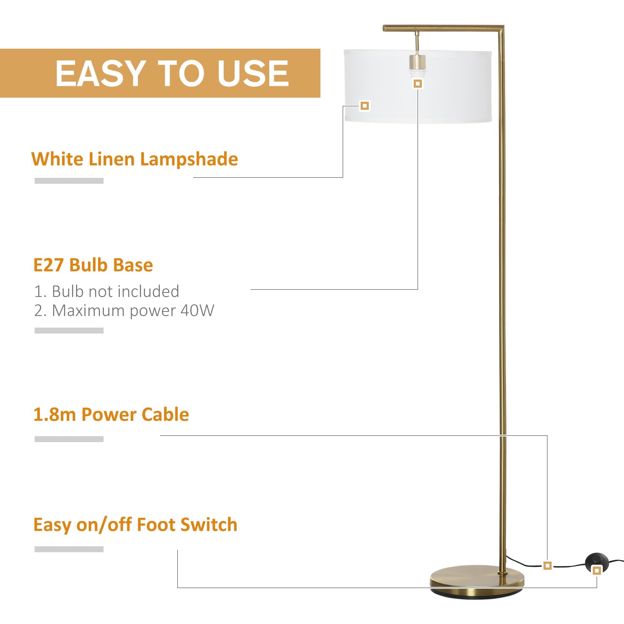 Modern brass floor lamp with white linen lampshade and e27 bulb base perfect for living room lighting