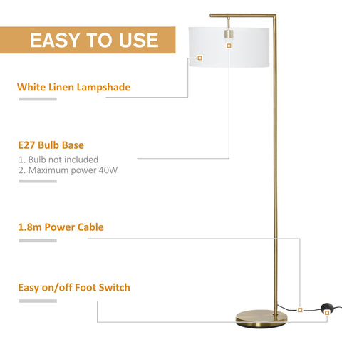 Modern brass floor lamp with white linen lampshade and e27 bulb base perfect for living room lighting