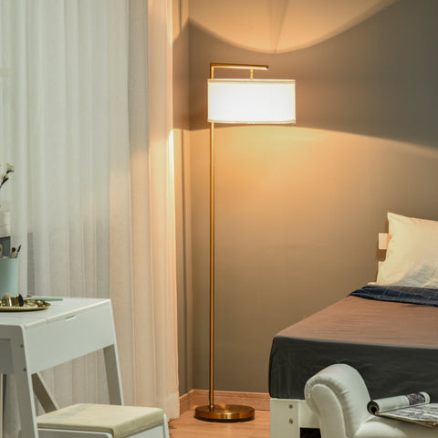 Gold finished floor lamp with white linen lampshade for living room by HOMCOM with round base and modern design