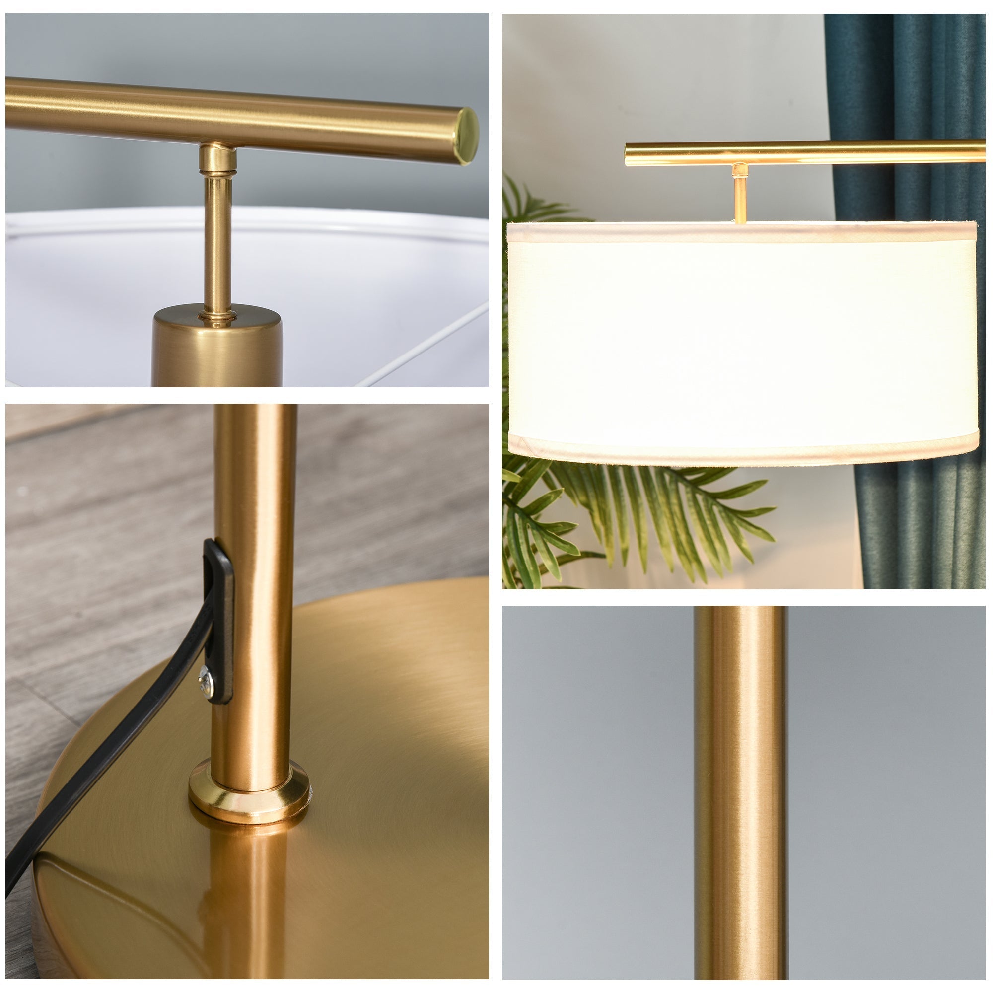 Modern gold floor lamp with linen lampshade and round base perfect for living room bedroom or dining room lighting