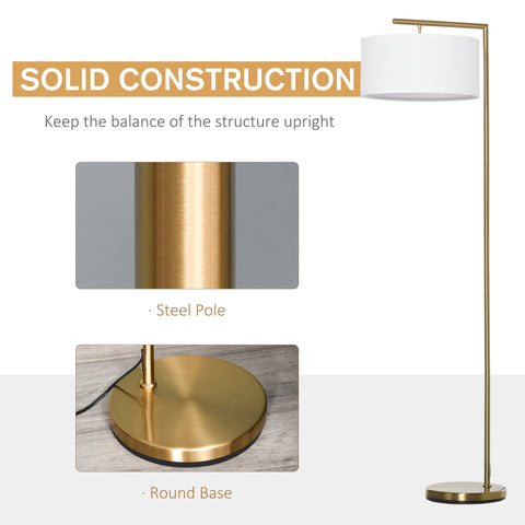 Gold finished floor lamp with sleek steel pole white linen lampshade and round base for living room use