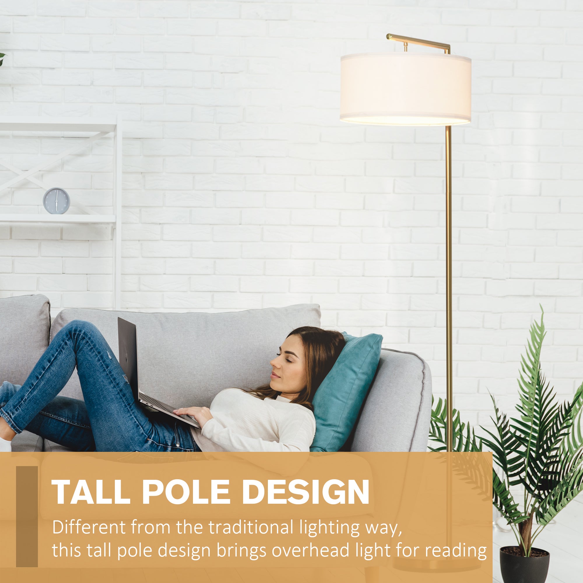 Homcom floor lamp with gold finish and white linen lampshade perfect for living room bedroom and dining areas
