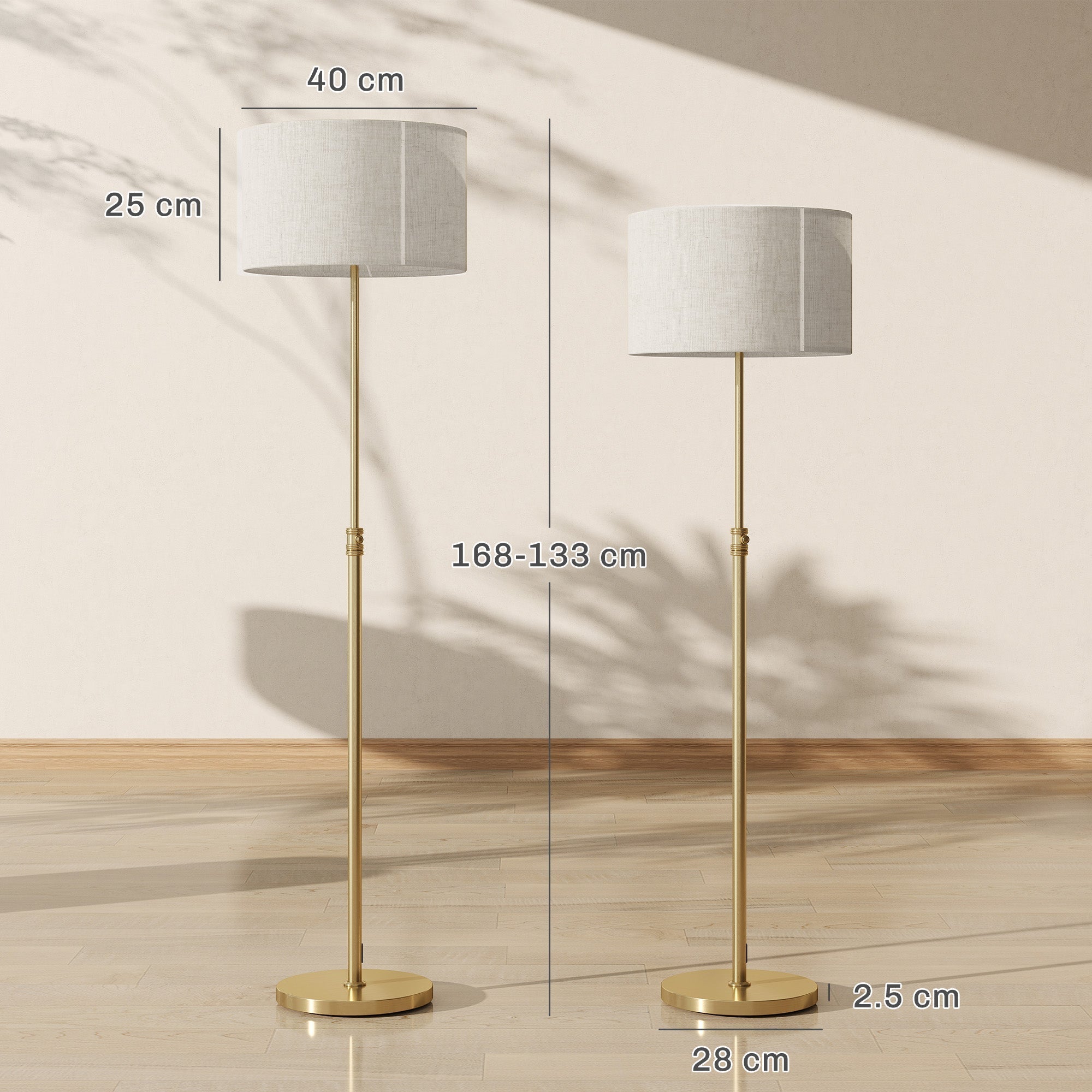 Gold-finished homcom floor lamp with linen shade and slender metallic pole dimmable for living room use