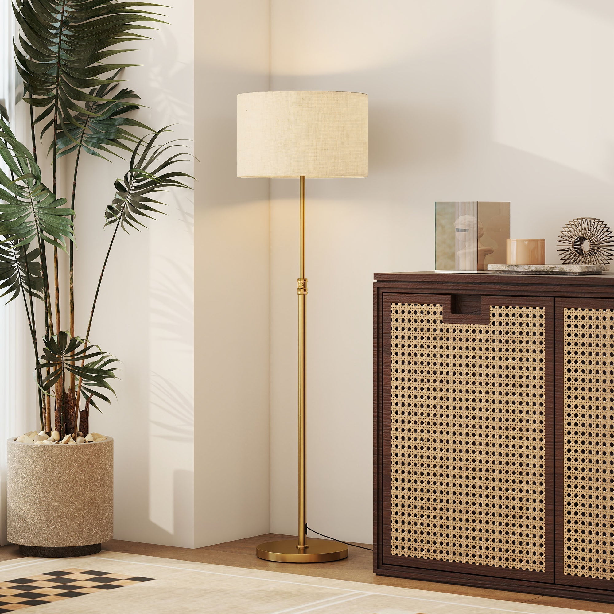 A tall slender homcom floor lamp in gold tone with an off-white linen shade and adjustable dimmable light colors
