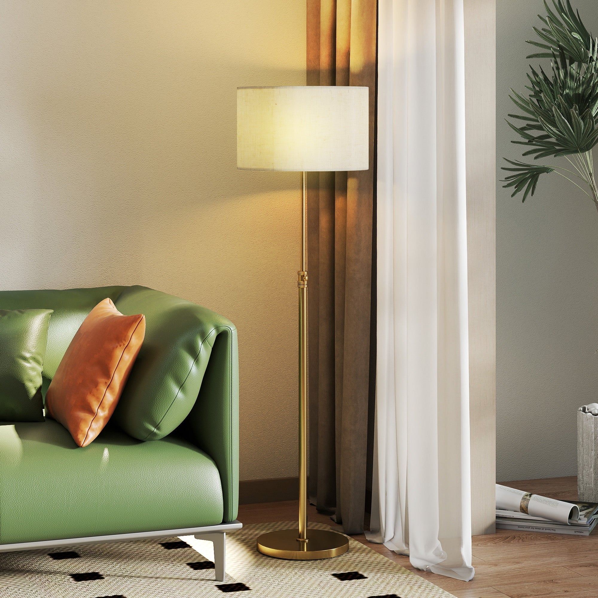 Gold-finished homcom floor lamp with height adjustable linen shade and dimmable light for living room and office use
