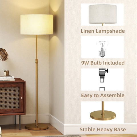 A homcom floor lamp with a tall brass metal frame and cream linen shade perfect for living rooms and offices