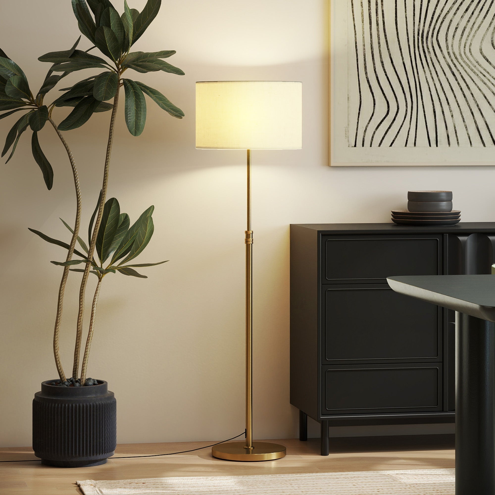 A tall slender homcom floor lamp with a cream linen shade dimmable and height adjustable in gold tone