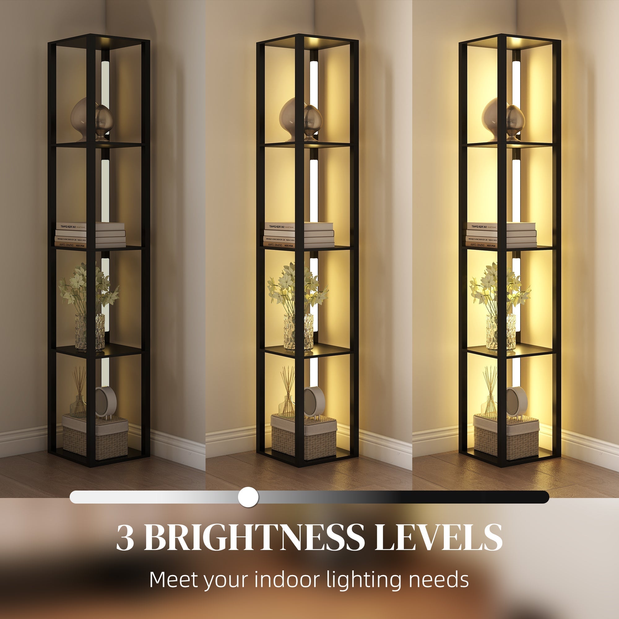 Black metal homcom floor lamp with 4 shelves featuring adjustable brightness levels for living room and bedroom use