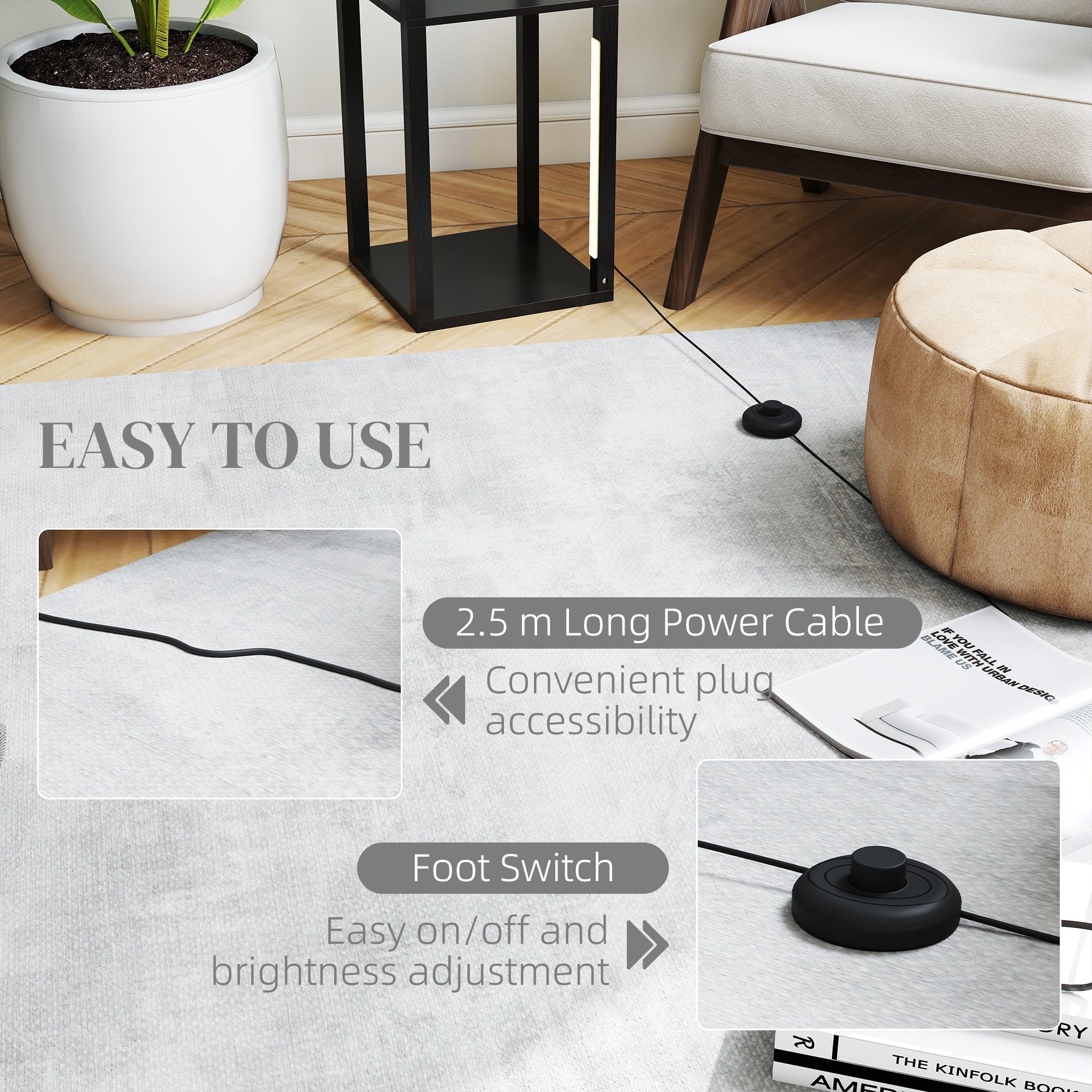 Black homcom floor lamp with 4 shelves, 3 brightness levels, 2.5m power cable, and foot switch for easy control